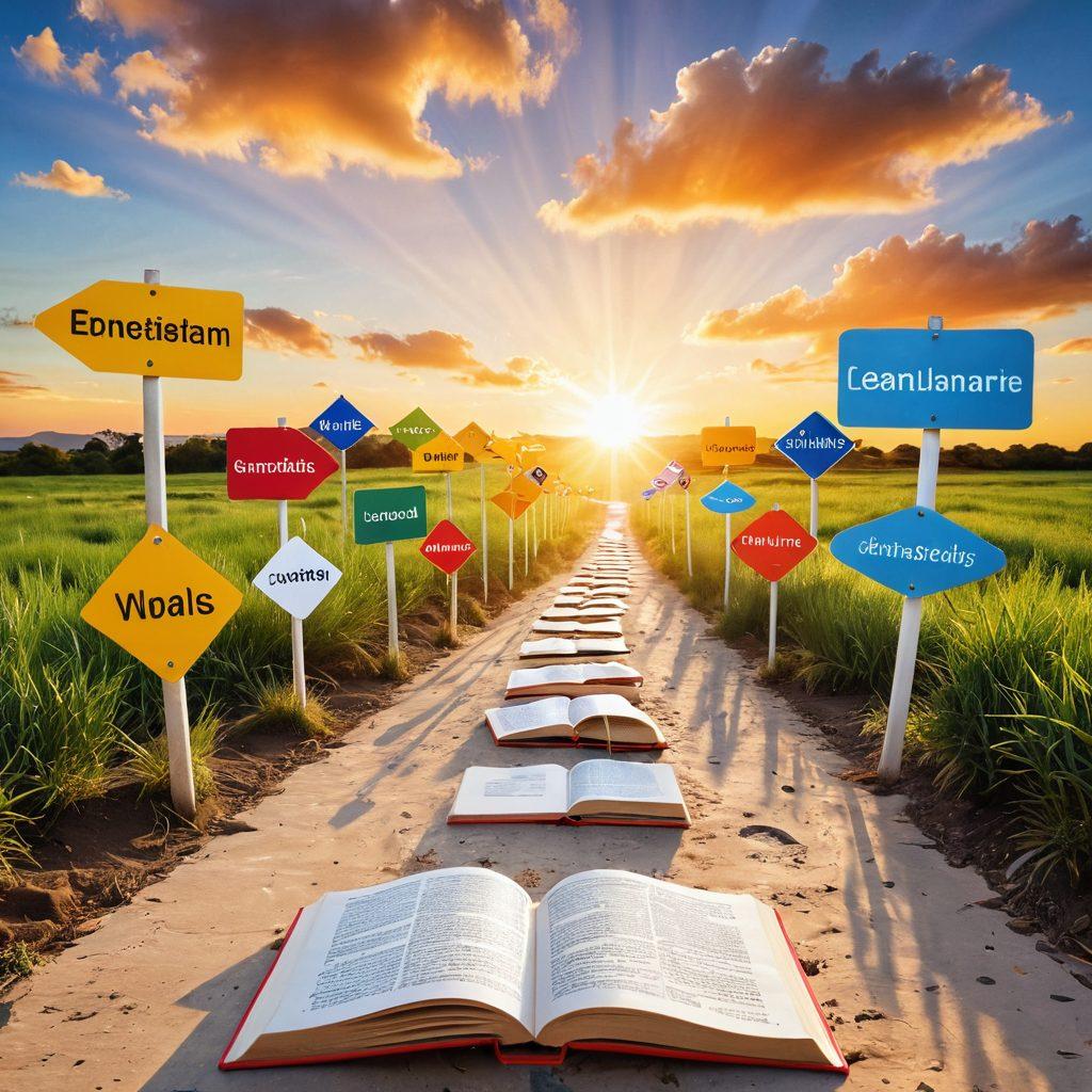 A vibrant pathway symbolizing the journey of learning English grammar, featuring dynamic road signs labeled with grammar topics like verb tenses and punctuation. A diverse group of students of various ages engaging with interactive grammar tools and books along the path. In the background, a colorful, open sky with the sun rising over a large, welcoming book that symbolizes knowledge. The design incorporates bright colors and an inviting atmosphere. super-realistic. vibrant colors. white background.