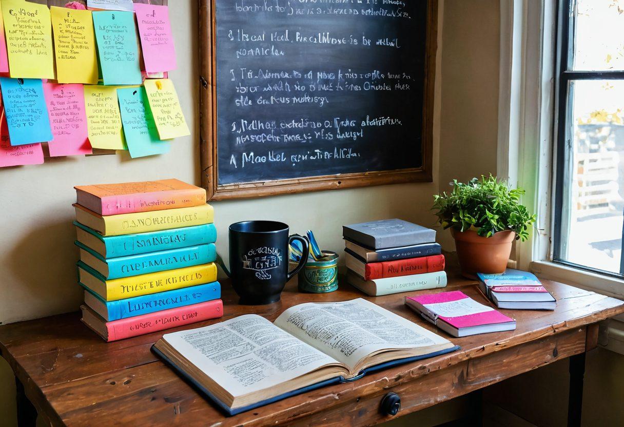 A cozy study space filled with colorful grammar books stacked neatly on a vintage wooden desk. A warm cup of coffee sits beside an open grammar guide, with vibrant sticky notes highlighting important sections. A large window allows soft, natural light to flood in, illuminating a chalkboard covered with grammar rules. A globe and an inspiring quote on the wall add to the thoughtful atmosphere. super-realistic. vibrant colors. warm tones.
