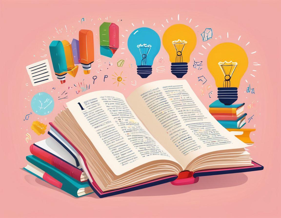 An open book with pages filled with colorful grammar tips, surrounded by resources like a dictionary, a laptop displaying an online grammar course, and stationery. A bright light bulb overhead symbolizes new ideas, while playful grammar icons (like commas and periods) float around. Light pastel colors for a soothing effect. vibrant colors. vector art.